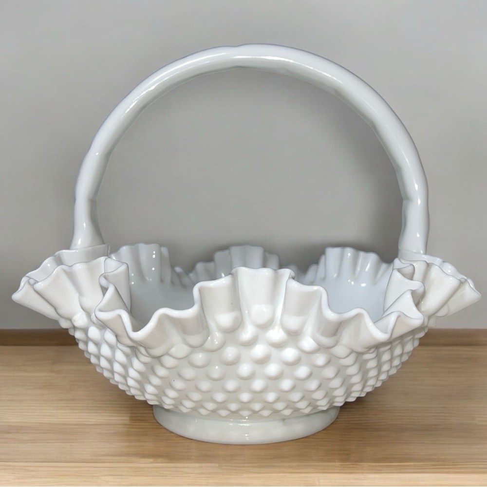 Vintage Fenton Milk Glass Hobnail Ruffle Edge Crimped Handle Basket